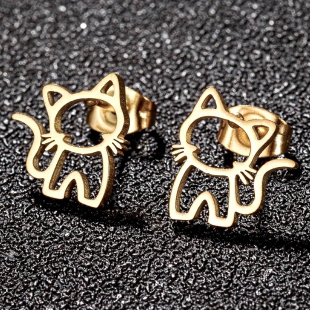 Gold Plated Solid Stainless Steel Cat Earrings - Picture 4 of 4